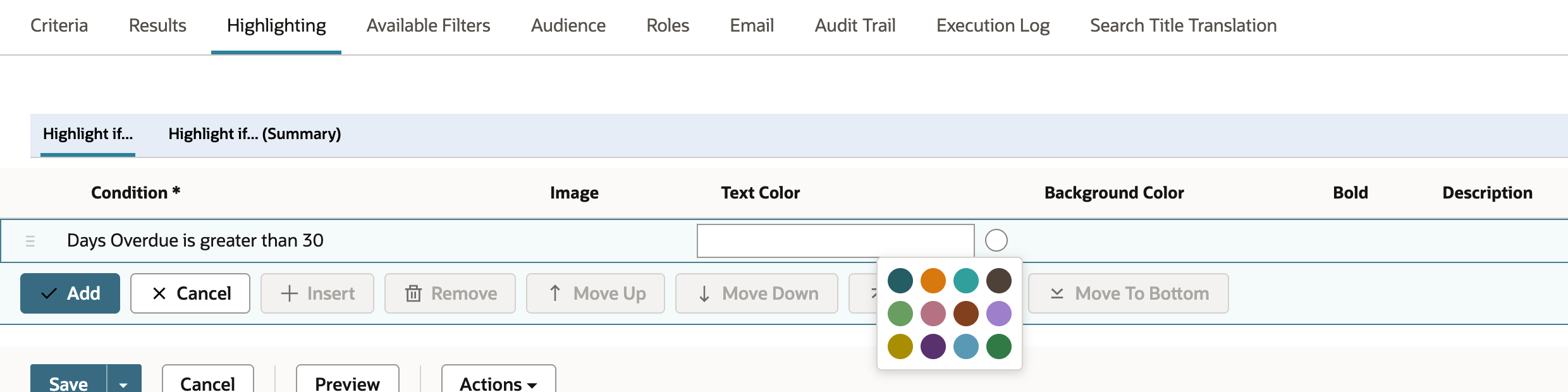 The Highlight if... line with Condition Days Overdue is greater than 30 and the Text Color palette open, showing twelve color swatches in three rows. The brown #83401e swatch is third from the left in the middle row.
