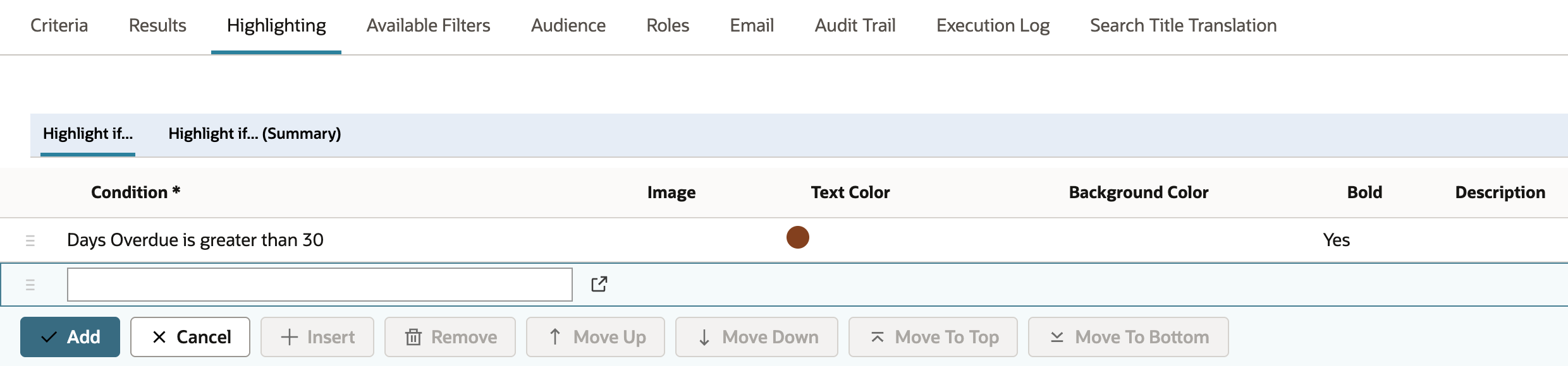 The Highlight if... sublist has one rule: Condition Days Overdue is greater than 30, a brown chip under Text Color, and Yes under Bold.