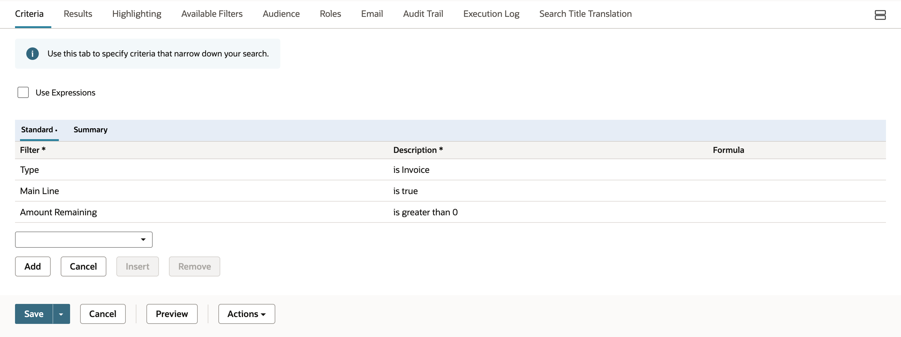 The Criteria subtab of the saved search lists Type is Invoice, Main Line is true, and Amount Remaining is greater than 0, with the Preview button below.