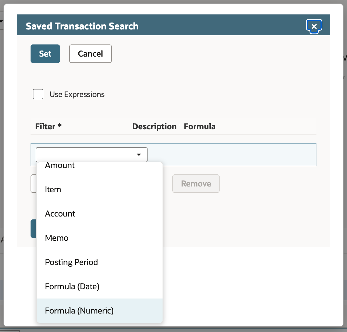 The Saved Transaction Search popup with the Filter list open. The last entries are Formula (Date) and Formula (Numeric), and an arrow points to Formula (Numeric).
