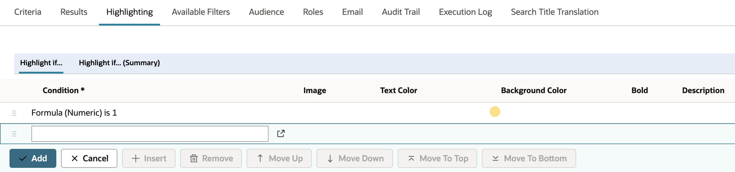 The Highlighting sublist shows one rule: Formula (Numeric) is 1 with a yellow chip under Background Color.