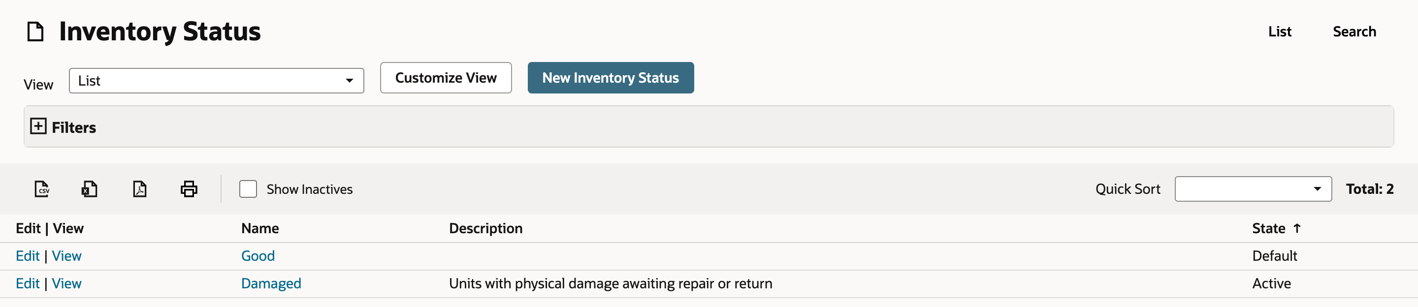 The Inventory Status list with a New Inventory Status button and Total: 2. Good has State Default. Damaged has the description Units with physical damage awaiting repair or return and State Active.