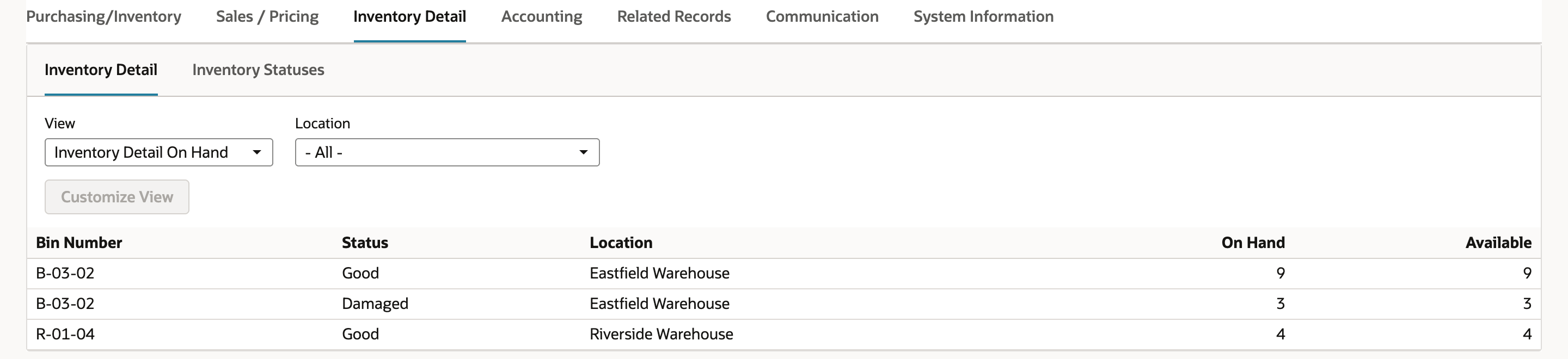 The item's Inventory Detail subtab. B-03-02 at Eastfield Warehouse has a Good row with On Hand 9 and Available 9 and a Damaged row with On Hand 3 and Available 3. R-01-04 at Riverside Warehouse is Good with 4 and 4.