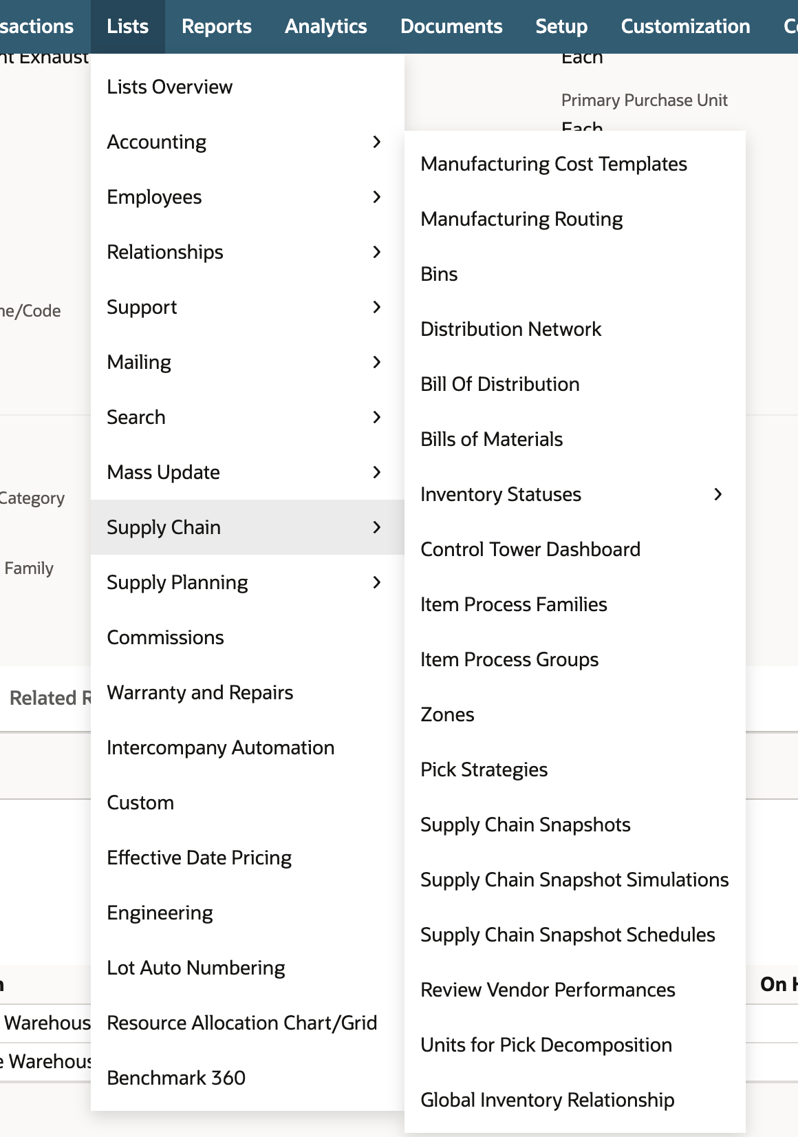 The Lists menu is open with Supply Chain highlighted. Its flyout lists Manufacturing Cost Templates, Bins, Bills of Materials, Inventory Statuses, Zones and other entries. An arrow points to Inventory Statuses.