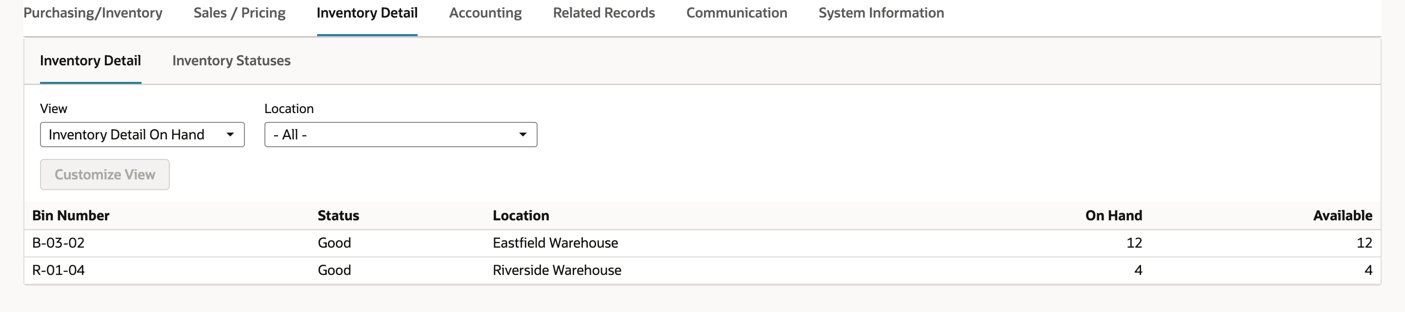 The item's Inventory Detail subtab with columns Bin Number, Status, Location, On Hand, and Available. B-03-02 is Good at Eastfield Warehouse with 12 on hand and 12 available. R-01-04 is Good at Riverside Warehouse with 4 and 4.