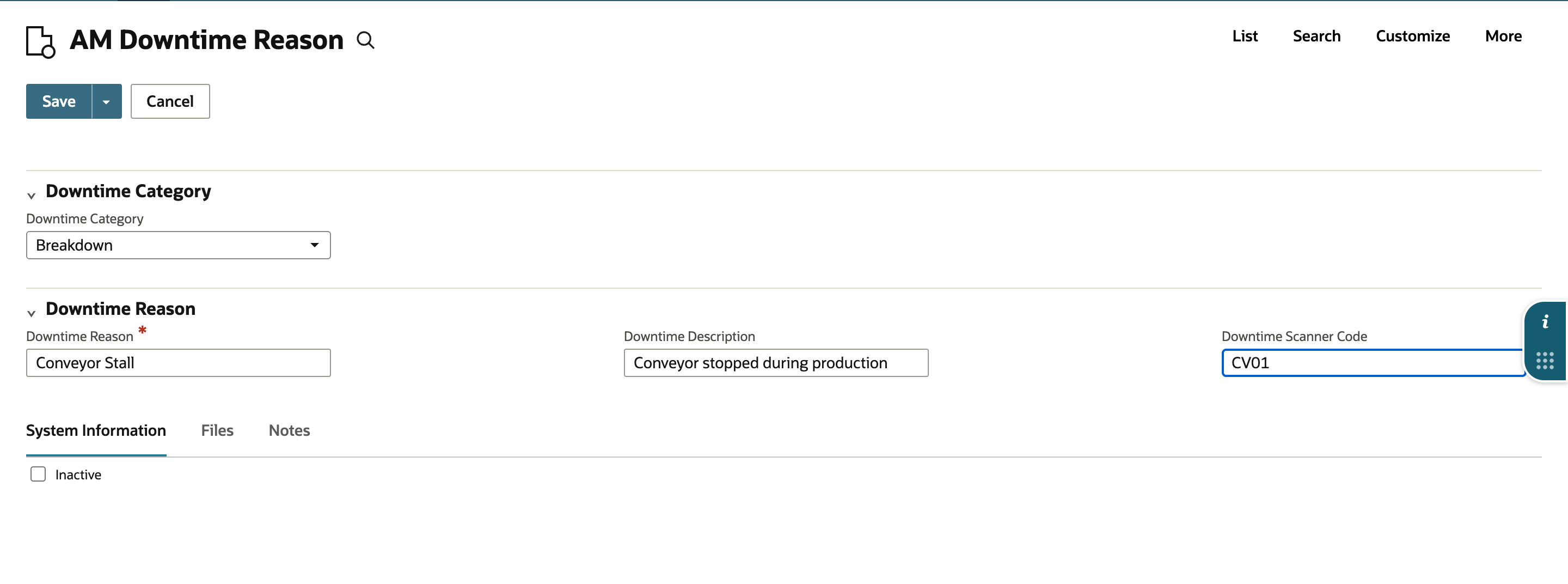 AM Downtime Reason form filled in: Downtime Category Breakdown, Downtime Reason Conveyor Stall, description Conveyor stopped during production and scanner code CV01.