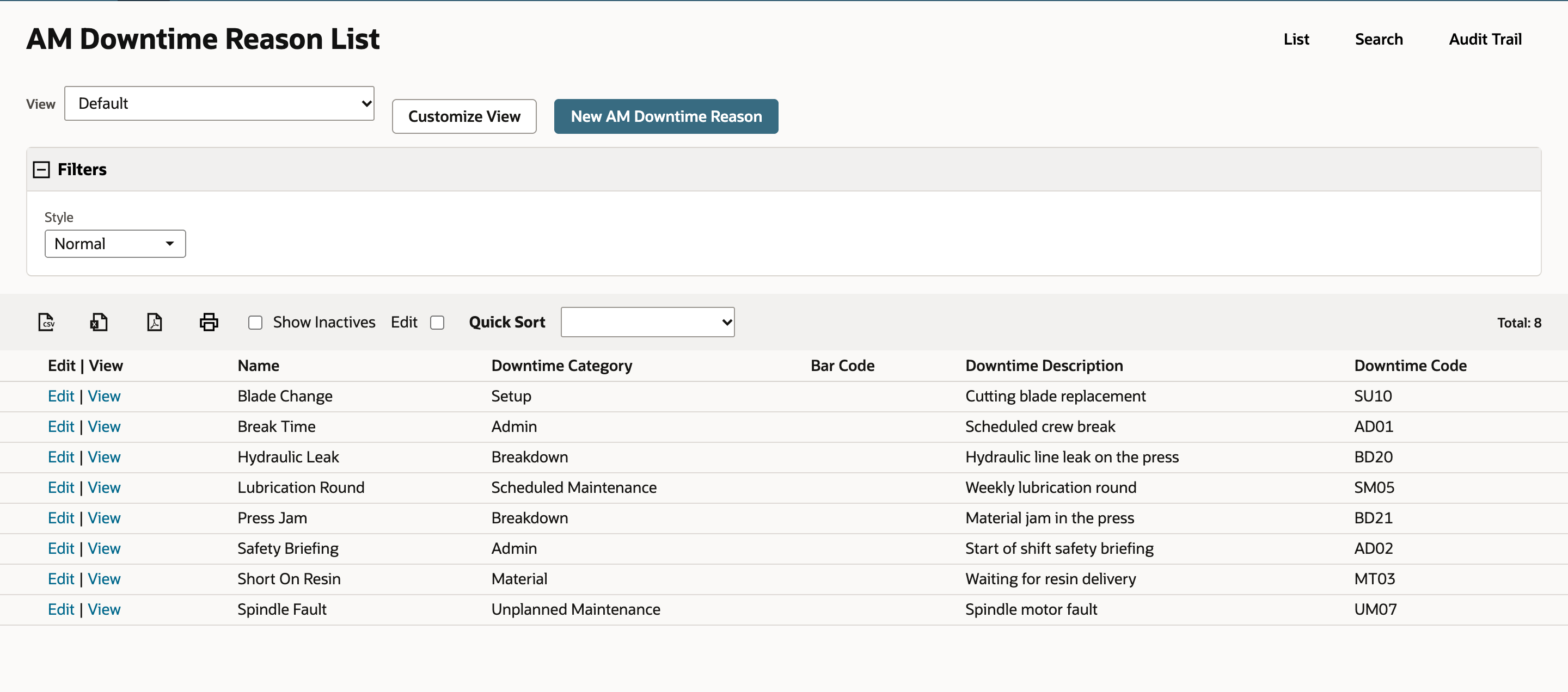 AM Downtime Reason List with eight reasons and the New AM Downtime Reason button. Total reads 8.