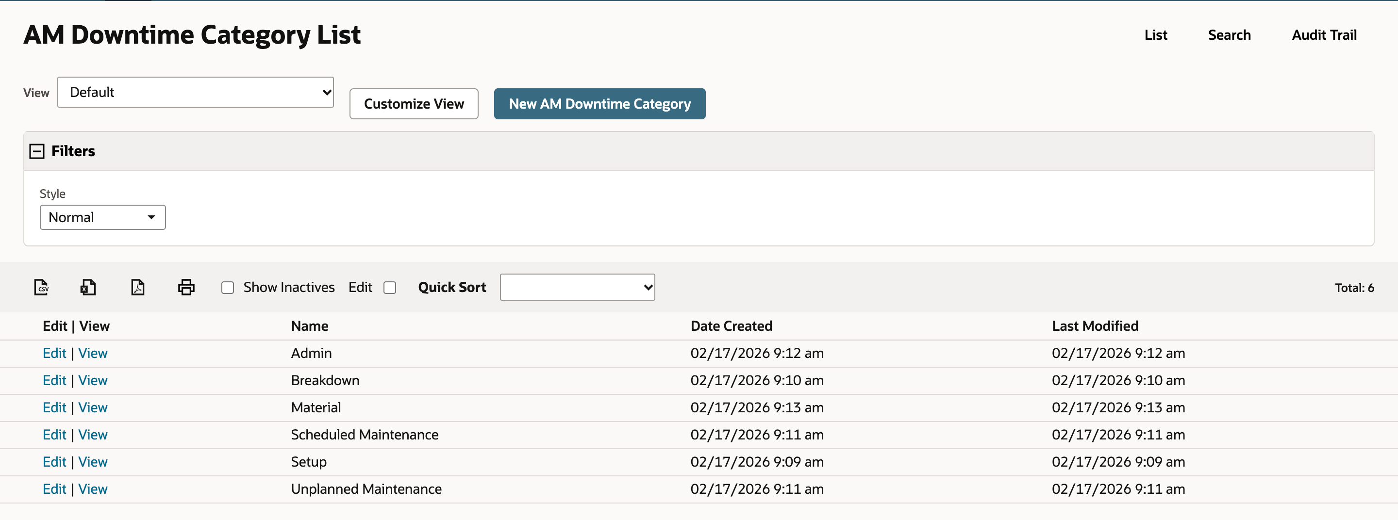 AM Downtime Category List with six categories: Admin, Breakdown, Material, Scheduled Maintenance, Setup and Unplanned Maintenance. Total reads 6.