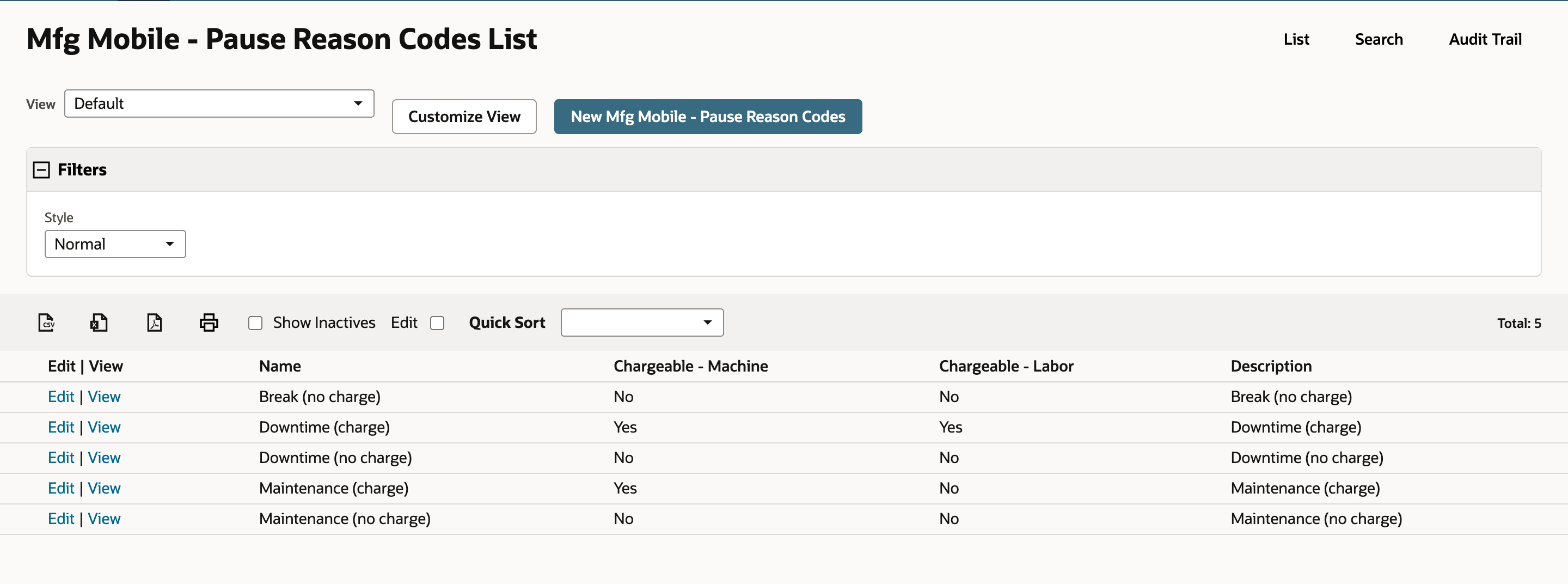 Mfg Mobile - Pause Reason Codes List with five codes. Downtime (charge) is Yes for both Chargeable - Machine and Chargeable - Labor. Maintenance (charge) is Yes for machine and No for labor. Total reads 5.