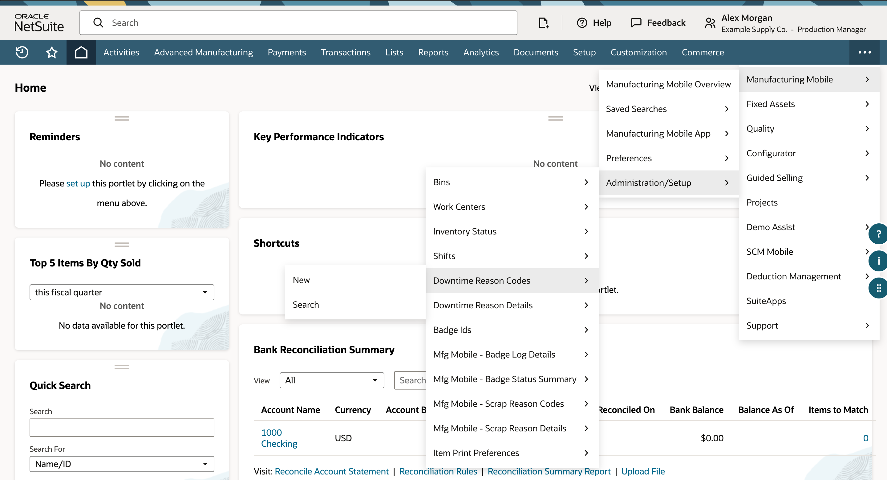 Manufacturing Mobile menu with the Administration/Setup flyout open. Downtime Reason Codes is highlighted and shows New and Search beside it.