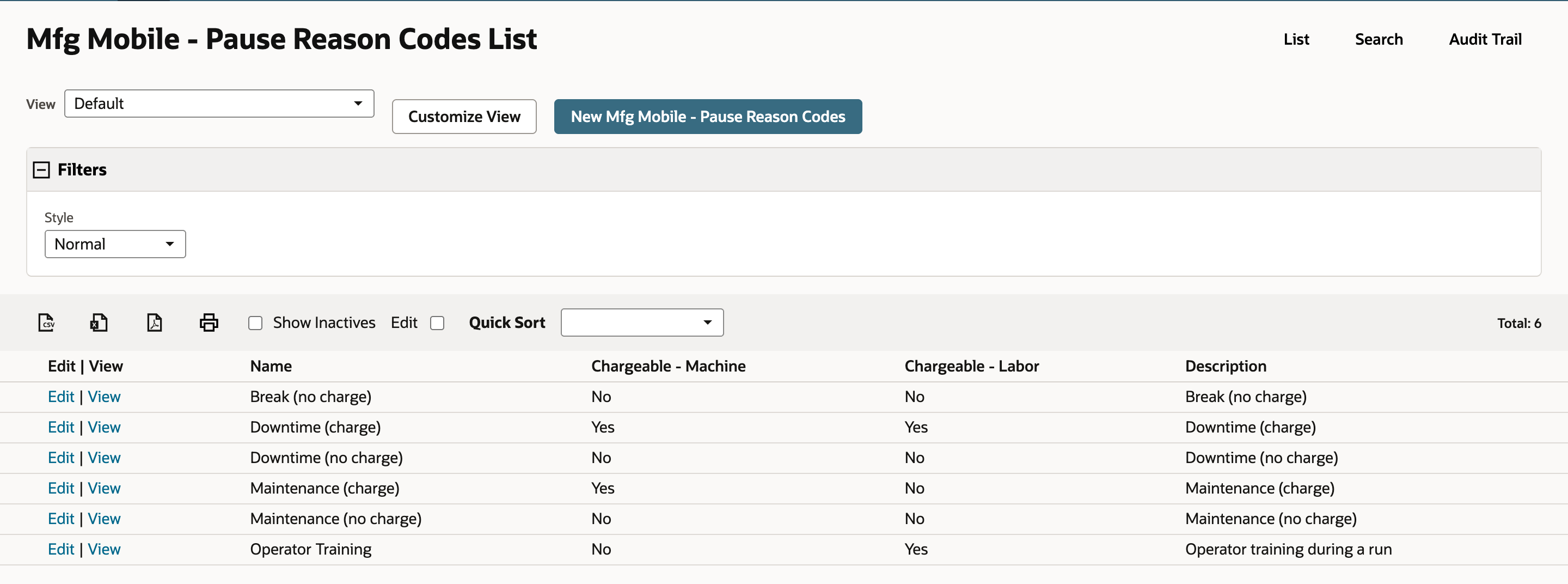 Mfg Mobile - Pause Reason Codes List with six codes. The last row is Operator Training with No under Chargeable - Machine and Yes under Chargeable - Labor. Total reads 6.