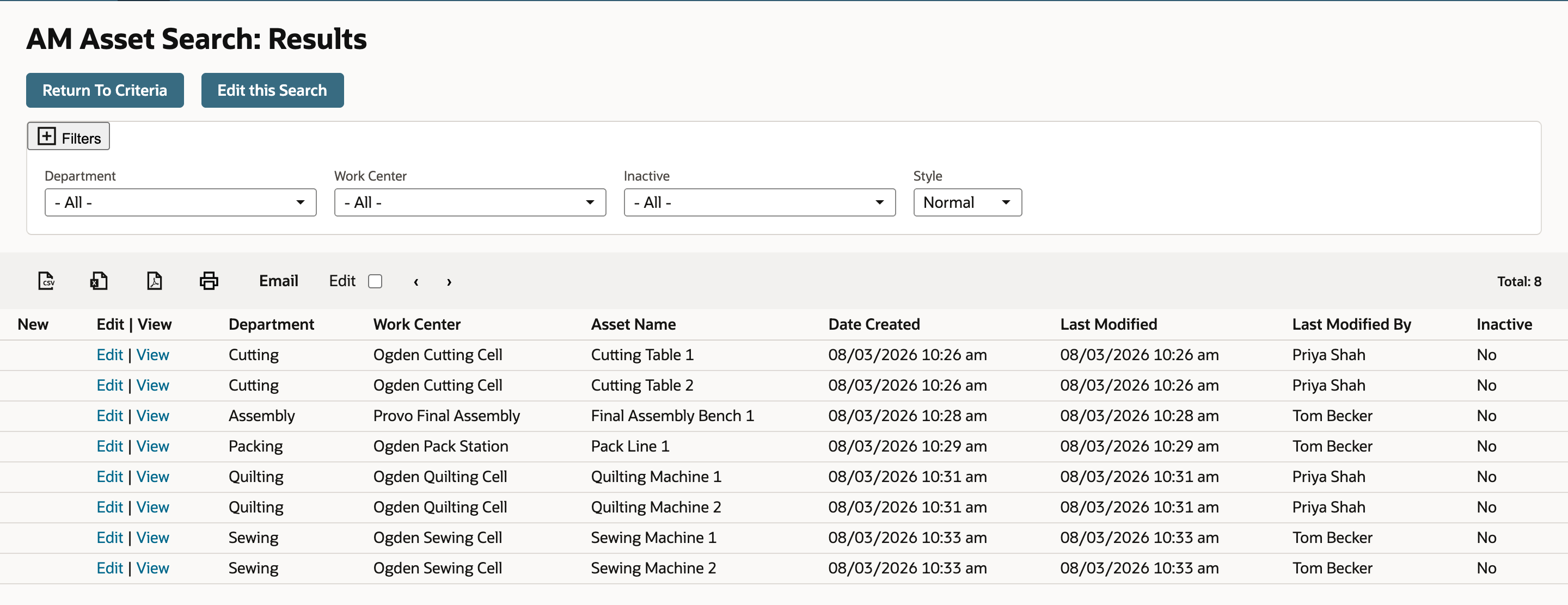AM Asset Search: Results with eight assets. The Quilting Machine 2 row shows Quilting, Ogden Quilting Cell and Edit and View links. Total reads 8.