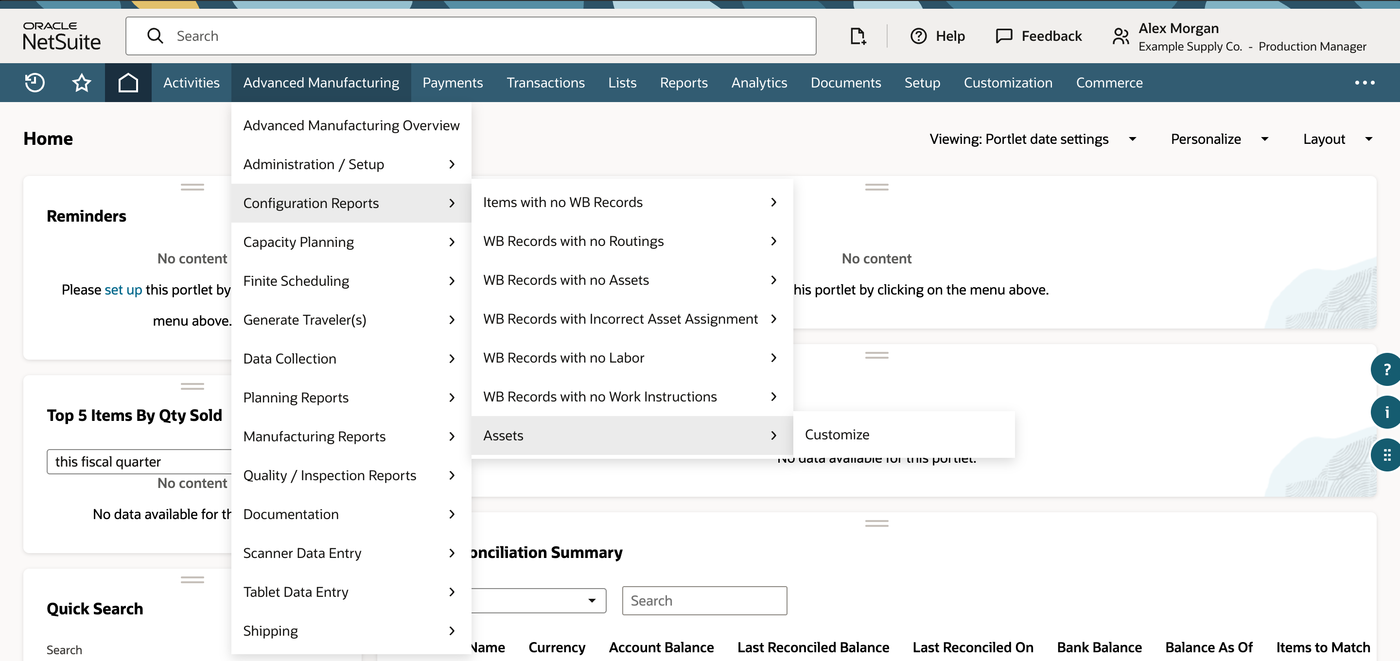 Advanced Manufacturing menu with Configuration Reports open and Assets highlighted at the bottom of its flyout.