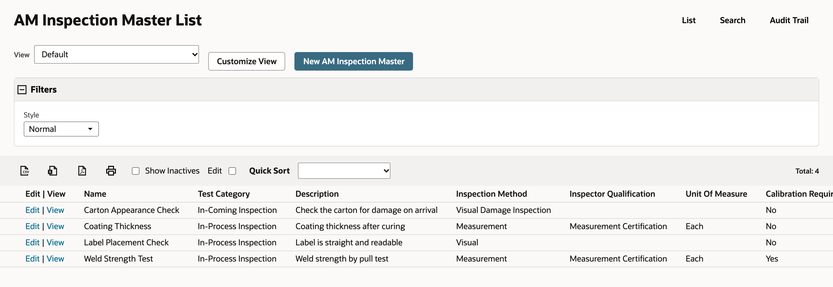 AM Inspection Master List with four tests: Carton Appearance Check, Coating Thickness, Label Placement Check and Weld Strength Test. Total reads 4.