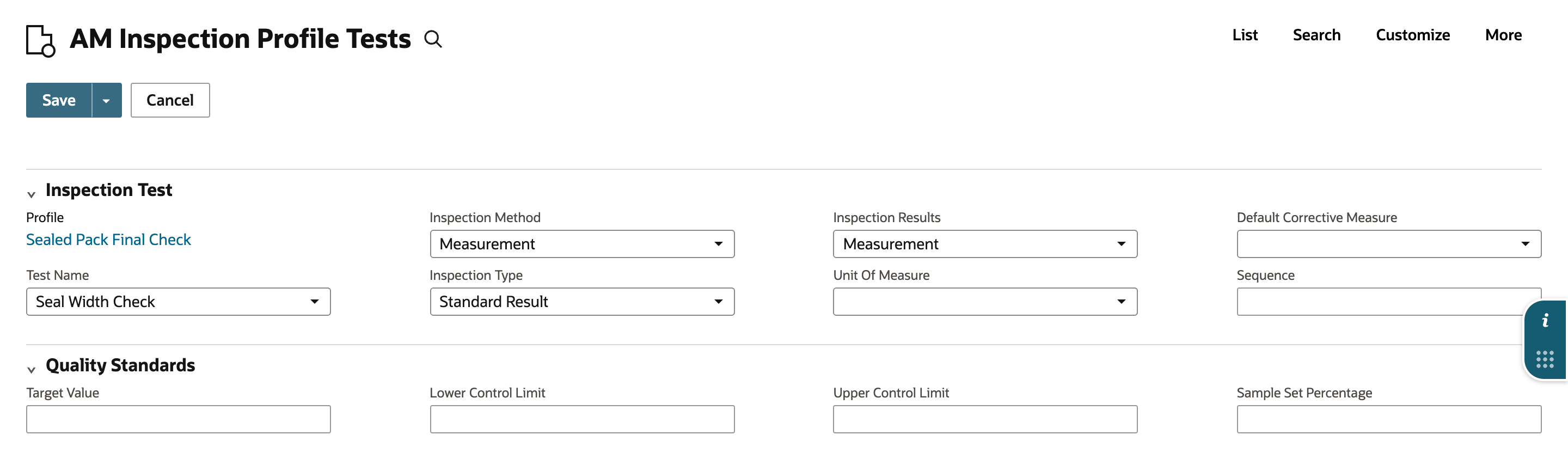 AM Inspection Profile Tests form with the profile Sealed Pack Final Check and Test Name Seal Width Check. Inspection Method Measurement, Inspection Type Standard Result and Inspection Results Measurement are filled in.
