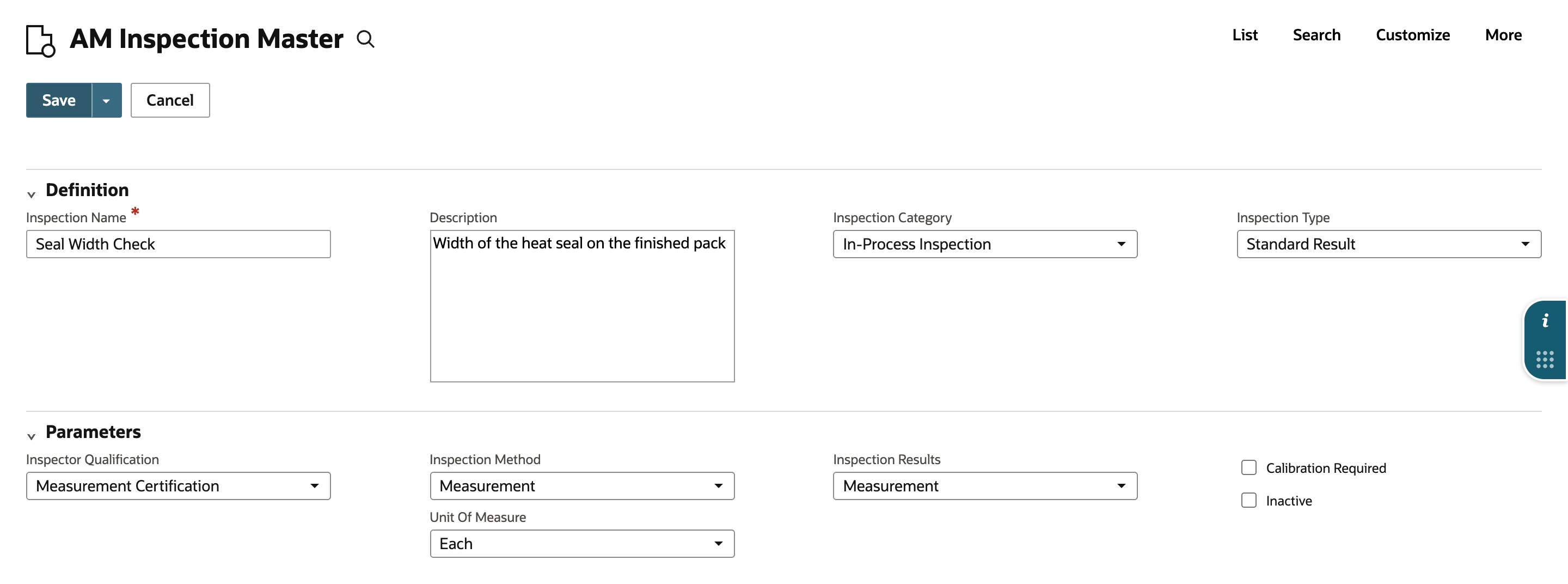 AM Inspection Master form filled in: Inspection Name Seal Width Check, category In-Process Inspection, type Standard Result, qualification Measurement Certification, method Measurement, results Measurement and unit Each.