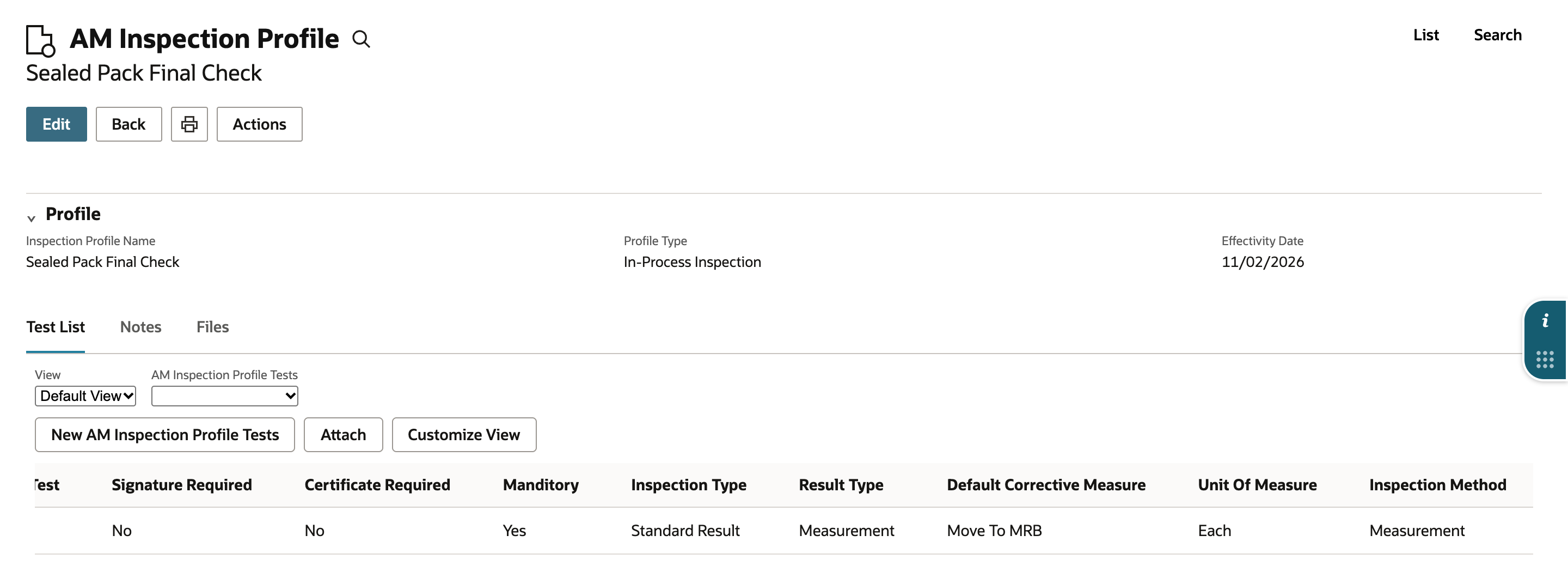 Test List scrolled right showing Signature Required No, Certificate Required No, Manditory Yes, Inspection Type Standard Result, Result Type Measurement, Default Corrective Measure Move To MRB and Unit Of Measure Each.