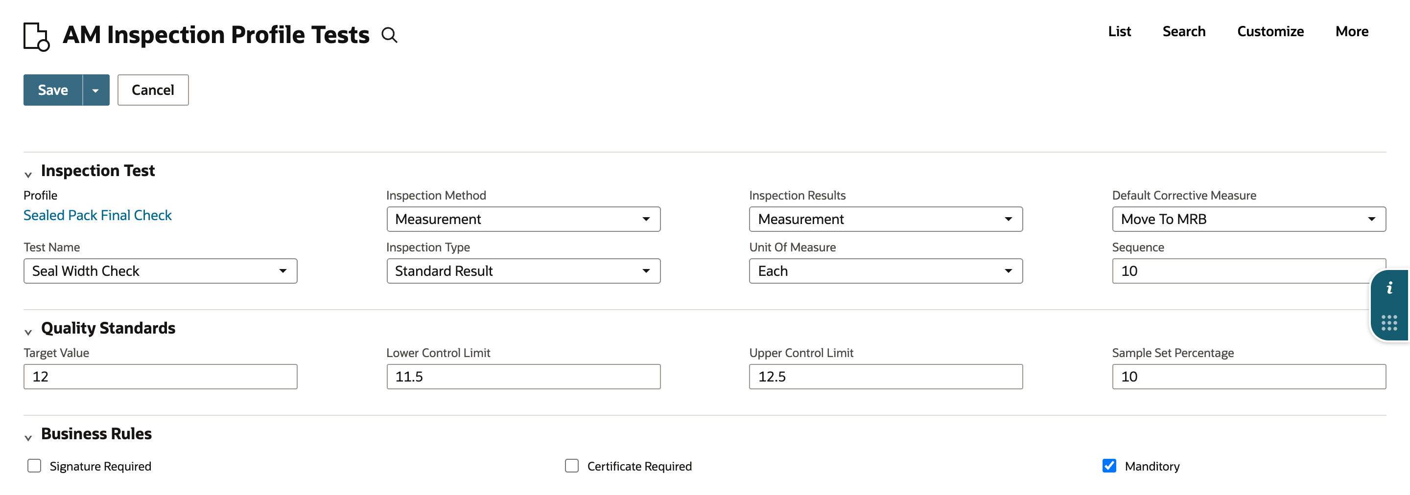 AM Inspection Profile Tests form filled in: Move To MRB, Each, sequence 10, target 12, lower control limit 11.5, upper control limit 12.5, sample set percentage 10 and Manditory checked.