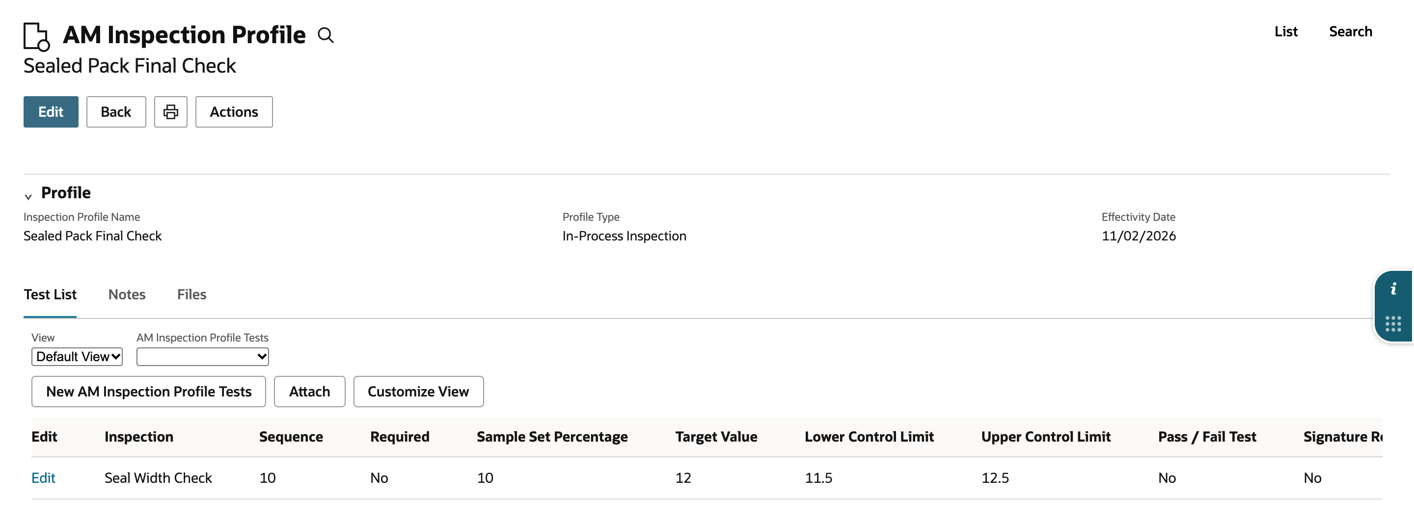 Test List of the Sealed Pack Final Check profile with one Seal Width Check row: sequence 10, sample set percentage 10, target 12, lower limit 11.5 and upper limit 12.5.