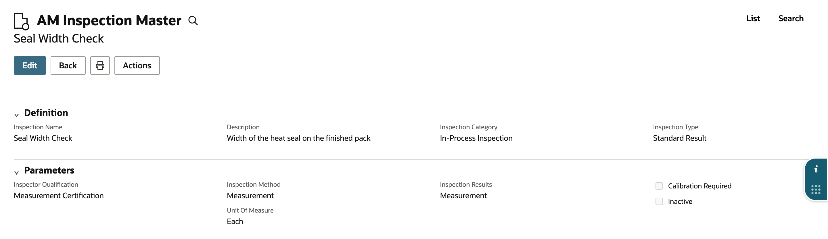 Saved AM Inspection Master record Seal Width Check showing its definition and parameters.