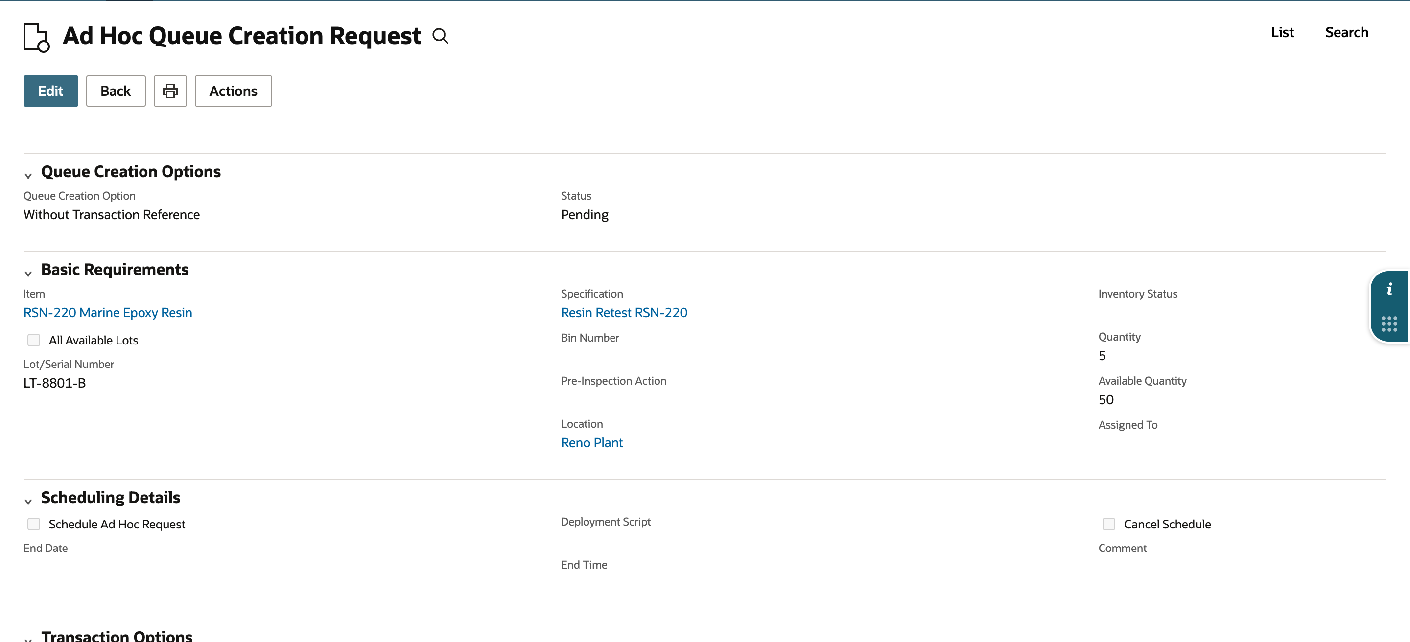 The saved Ad Hoc Queue Creation Request showing Without Transaction Reference, item, specification, location, lot LT-8801-B, quantity 5 and Status Pending.