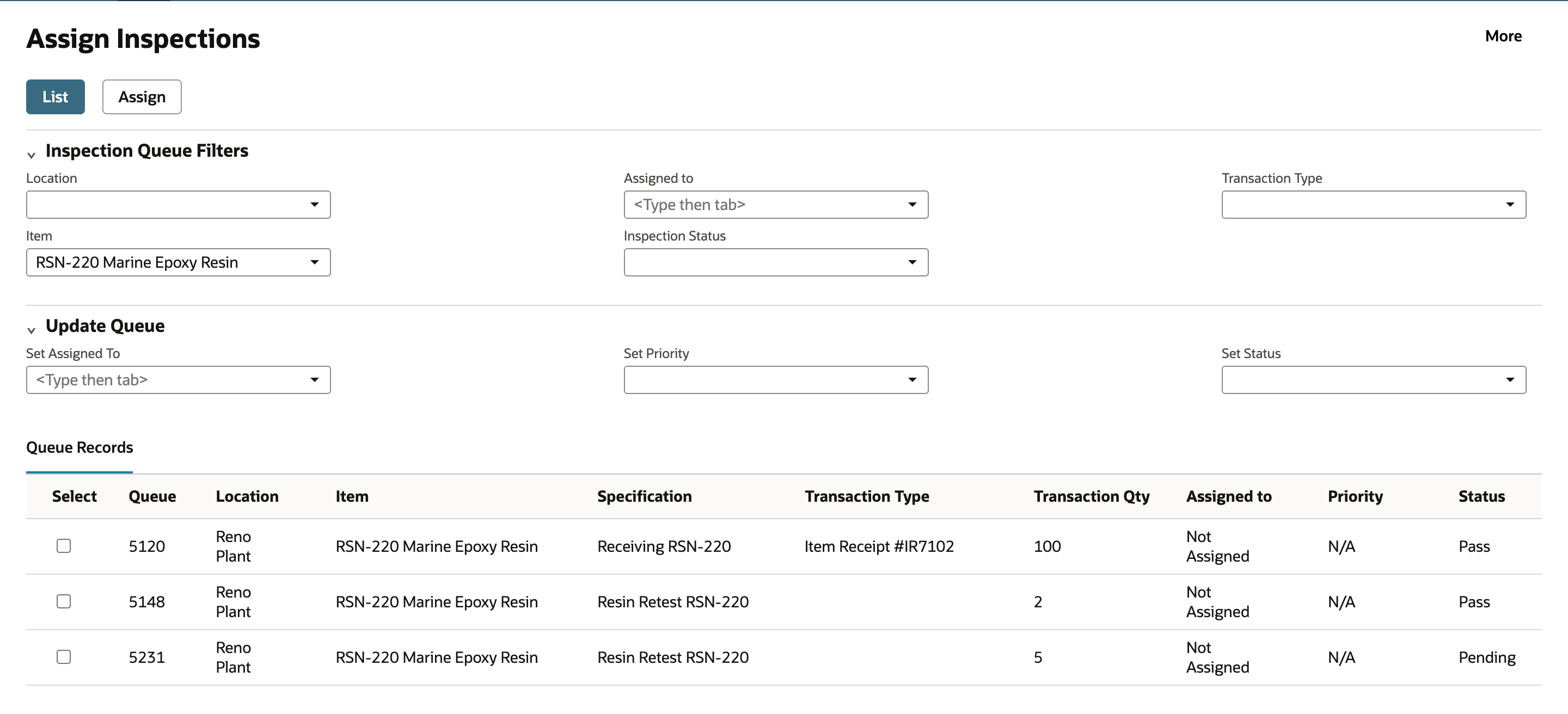 Assign Inspections listing queue 5120 and 5148 with status Pass and a new queue 5231 for Resin Retest RSN-220, quantity 5, Not Assigned, N/A and Pending.