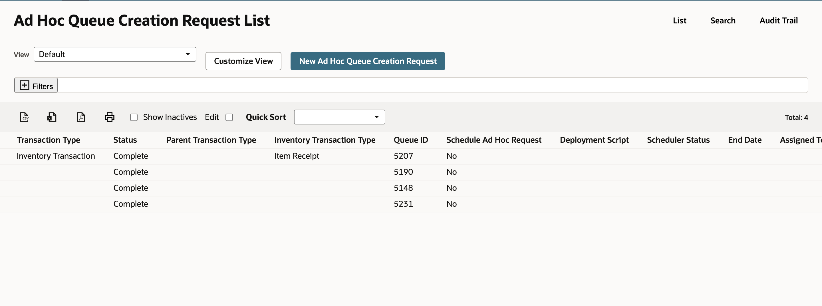 Ad Hoc Queue Creation Request List scrolled right, with four requests all Complete and the newest, the last row, showing Queue ID 5231.