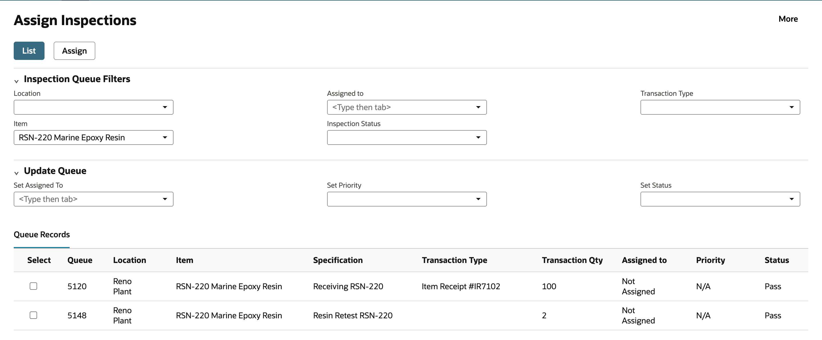 Assign Inspections filtered to RSN-220 Marine Epoxy Resin, listing queue 5120 and queue 5148, both with status Pass.