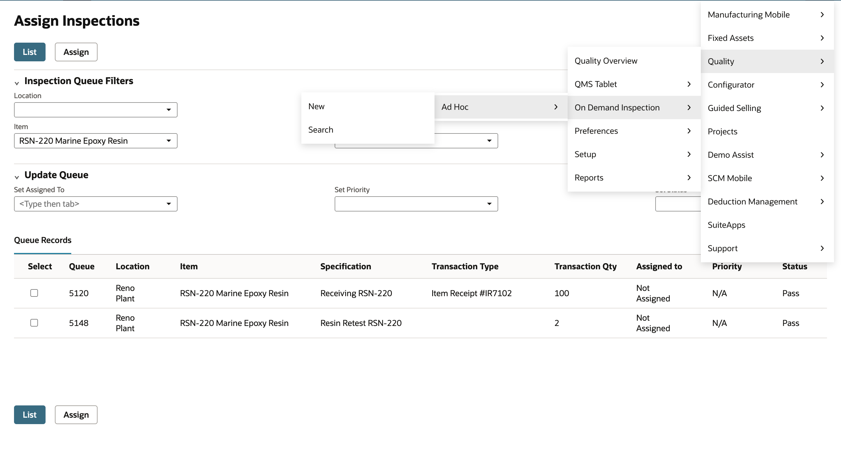 The Quality menu open to On Demand Inspection, with the Ad Hoc flyout showing New and Search.