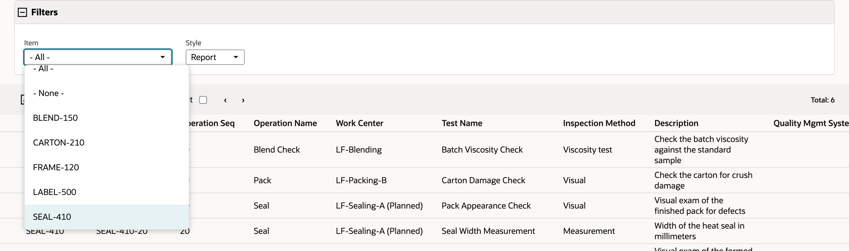 The Item filter of the report open. The list shows - All -, - None - and the assemblies BLEND-150, CARTON-210, FRAME-120, LABEL-500 and SEAL-410.