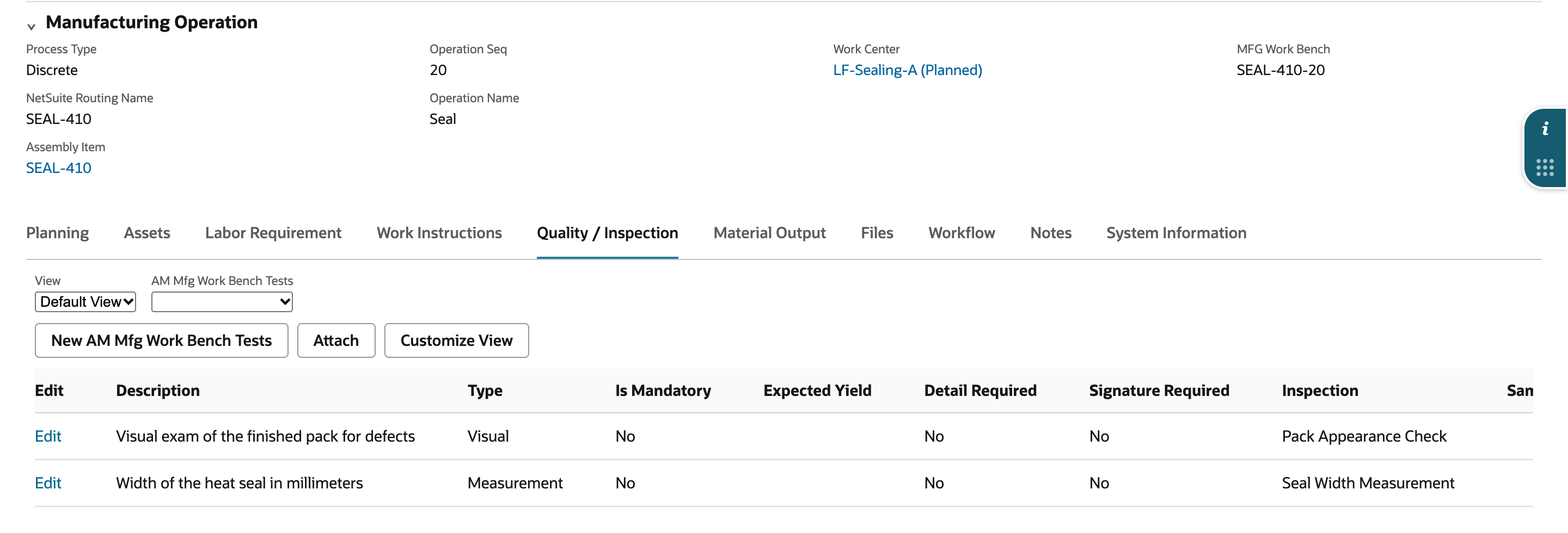 Quality / Inspection subtab of operation SEAL-410-20. The AM Mfg Work Bench Tests list shows Pack Appearance Check and Seal Width Measurement with their descriptions and types.