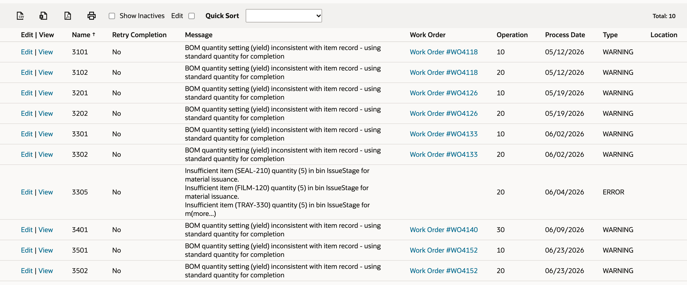 AM WO Completion Error List with ten records sorted by Name. Nine rows have Type WARNING and record 3305 has Type ERROR. Total reads 10.