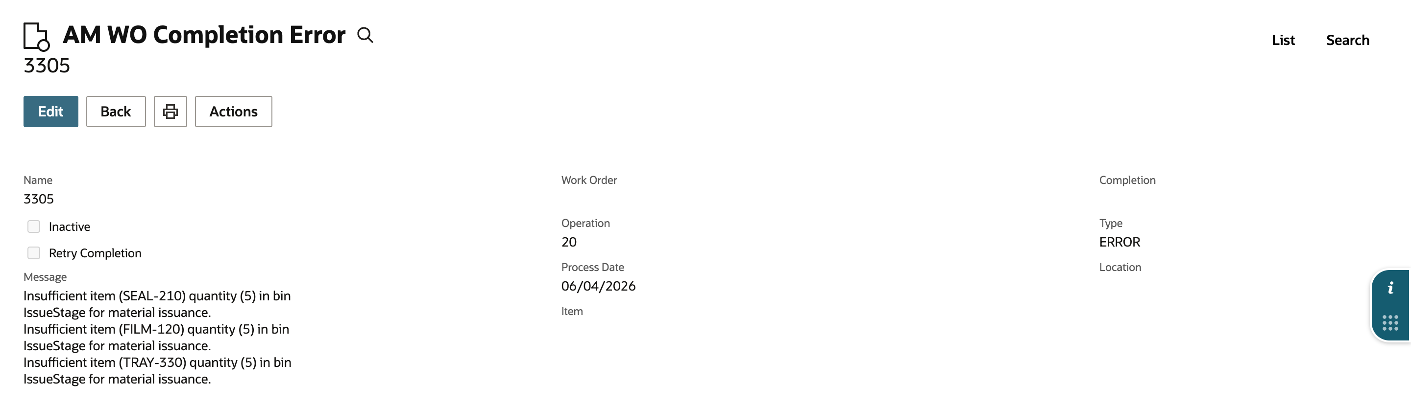 Saved AM WO Completion Error record 3305. Retry Completion is unchecked, Operation is 20, Type is ERROR, Work Order is empty and the Message lists insufficient items SEAL-210, FILM-120 and TRAY-330 in bin IssueStage.