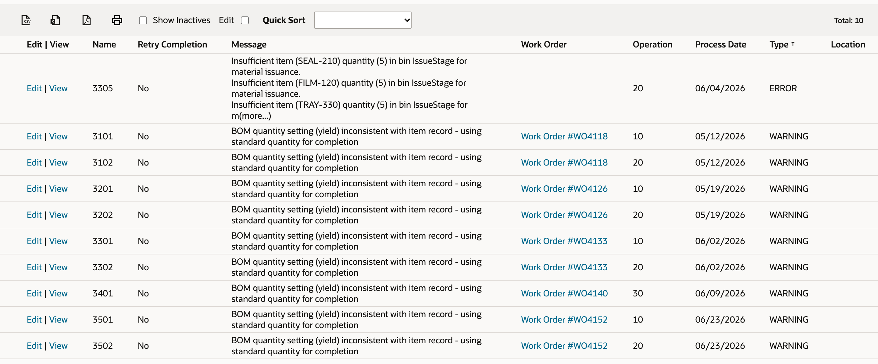 AM WO Completion Error List sorted by Type. A sort arrow sits beside the Type heading and record 3305 with Type ERROR is the first row above the nine WARNING records.