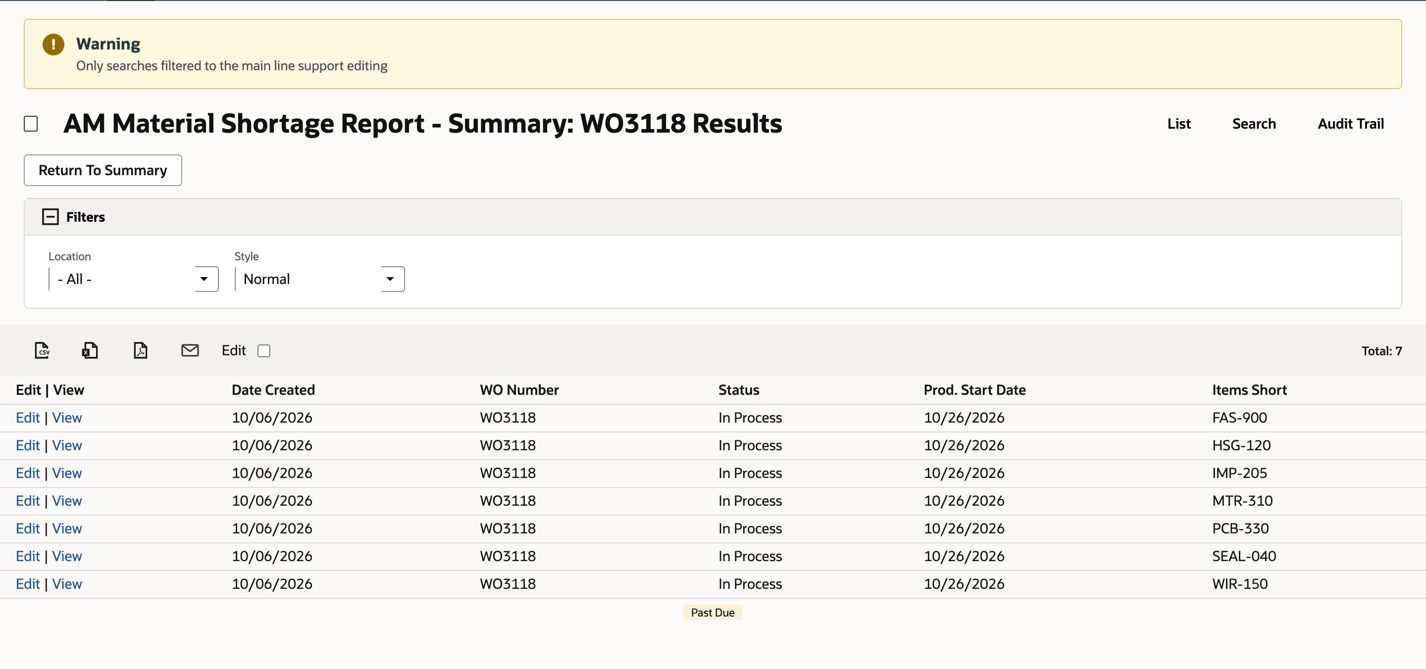 Summary: WO3118 Results listing seven short items, from FAS-900 to WIR-150.