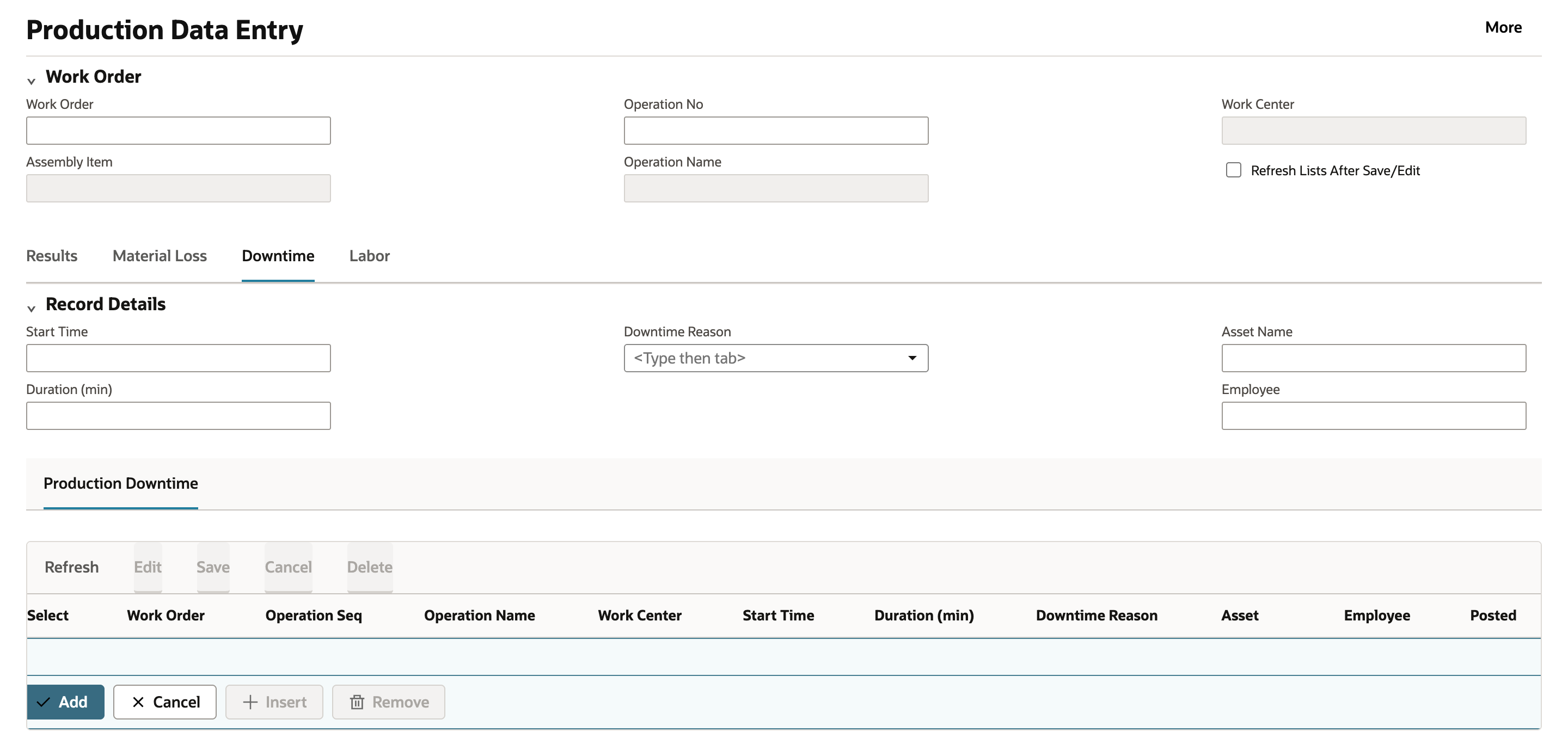 The Production Data Entry Downtime tab shows the Start Time, Duration, Downtime Reason, Asset Name and Employee fields above the Production Downtime list.