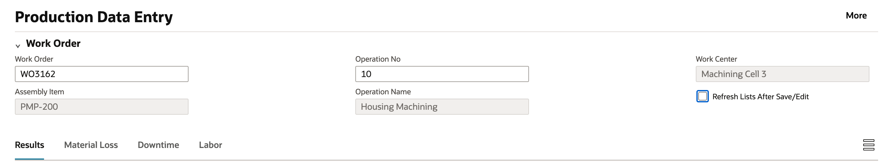 Production Data Entry with work order WO3162 and operation 10 entered, showing assembly PMP-200, operation name Housing Machining and work center Machining Cell 3.