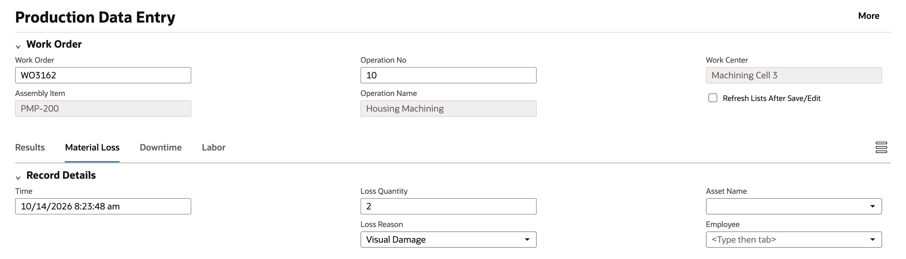 The Material Loss tab of Production Data Entry with Loss Quantity 2 and Loss Reason Visual Damage entered.