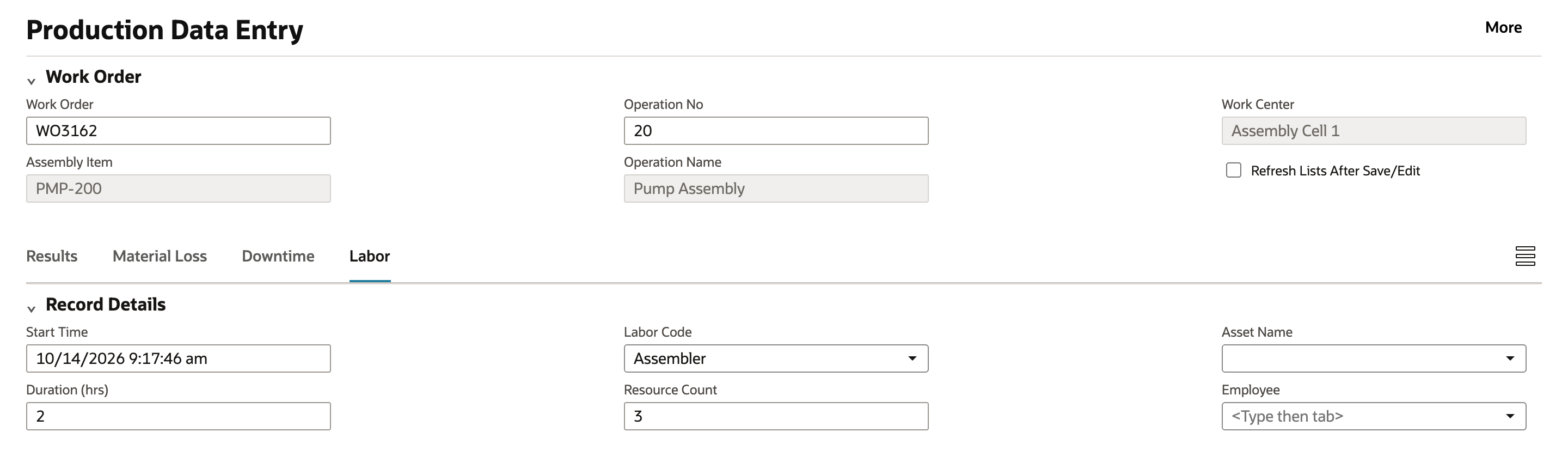 The Labor tab of Production Data Entry with Duration 2, Labor Code Assembler and Resource Count 3 entered.