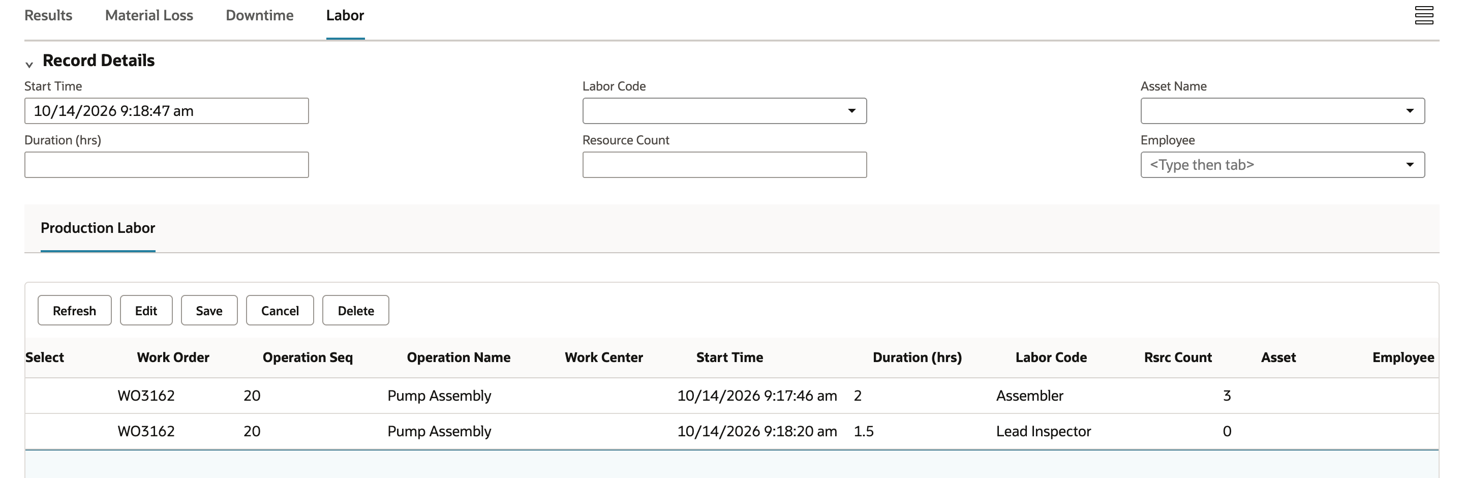 The Production Labor list shows two rows for WO3162, operation 20: Assembler with duration 2 and Rsrc Count 3, and Lead Inspector with duration 1.5 and Rsrc Count 0.