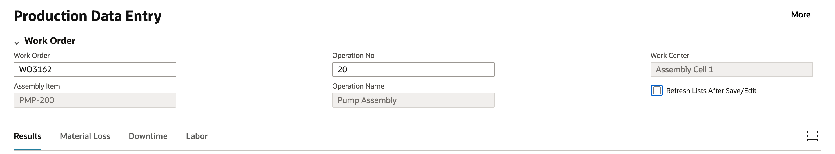 Production Data Entry with work order WO3162 and operation 20 entered, showing assembly PMP-200, operation name Pump Assembly and work center Assembly Cell 1.
