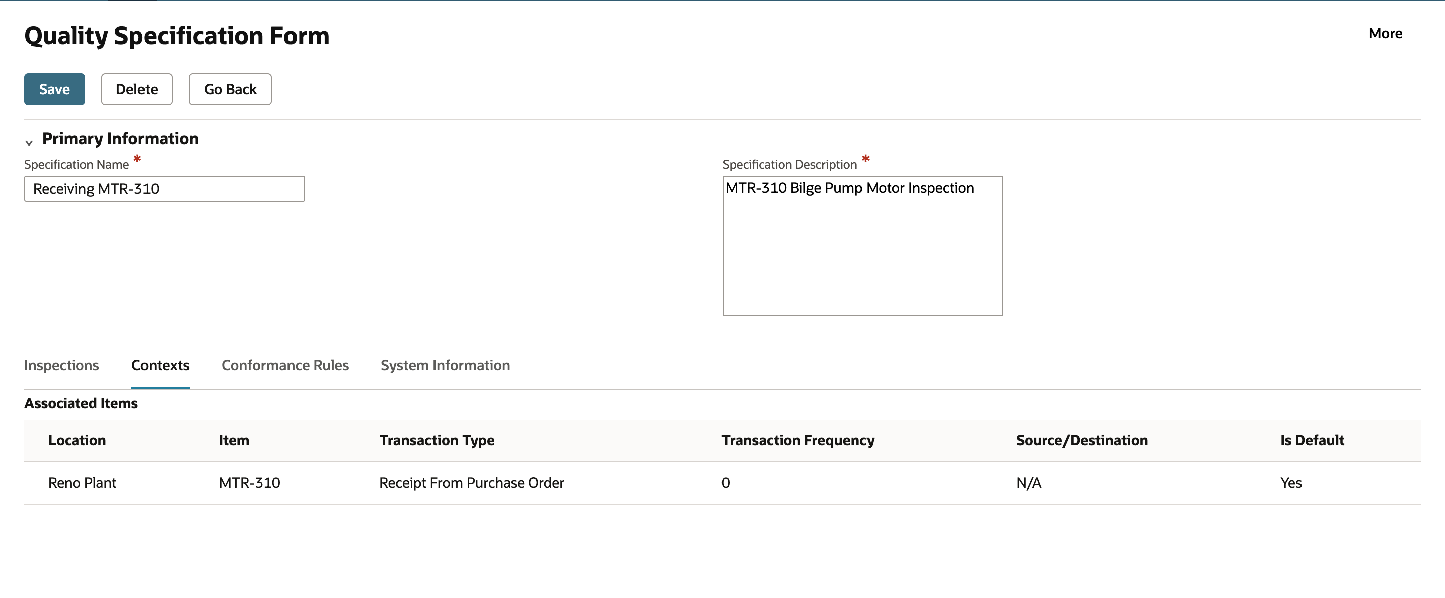 Contexts tab with Associated Items showing Reno Plant, MTR-310, Receipt From Purchase Order, frequency 0, N/A and Is Default Yes.