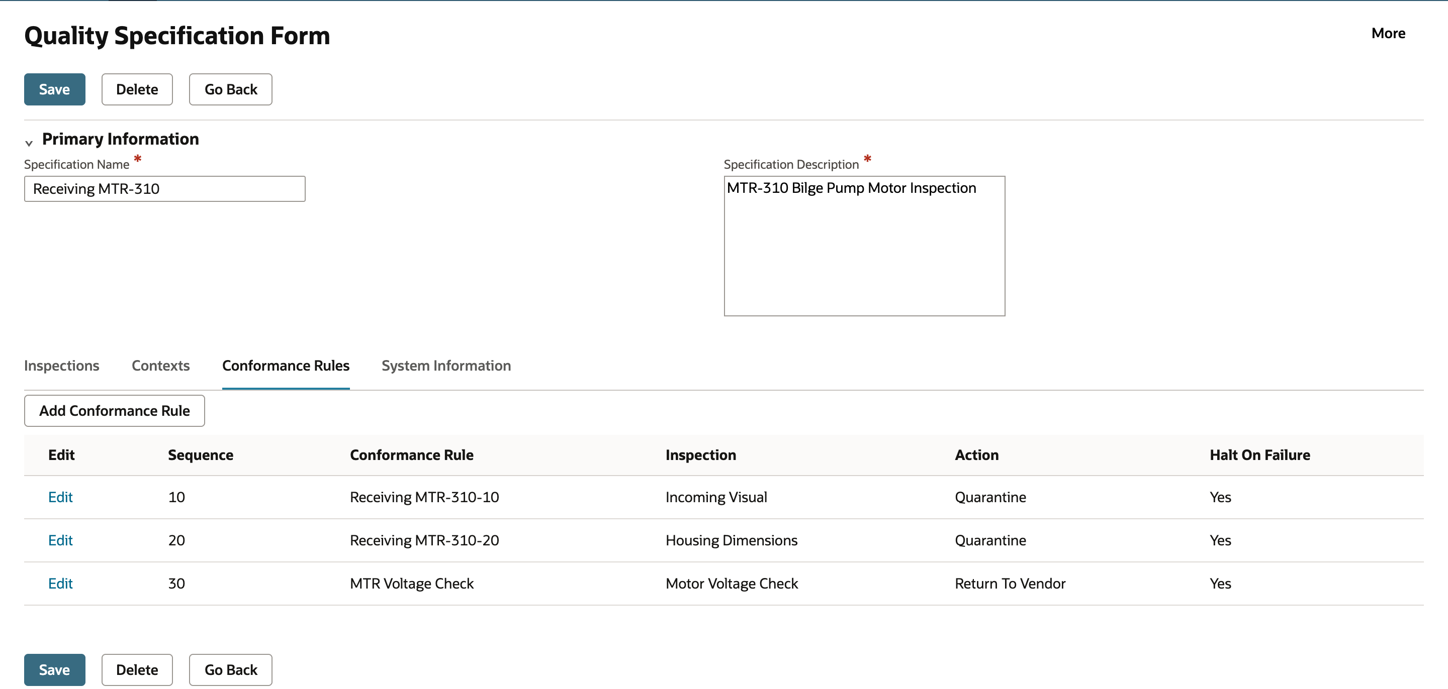Conformance Rules tab with Quarantine for Incoming Visual and Housing Dimensions and Return To Vendor for Motor Voltage Check, each with Halt On Failure Yes.