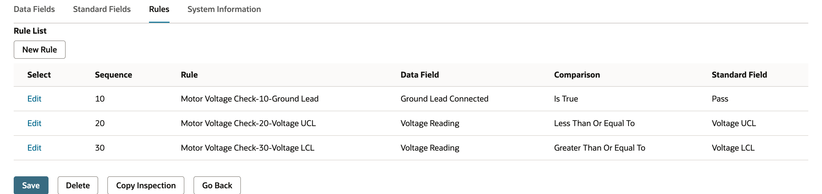 Rules tab with three rules: Is True against Pass, Less Than Or Equal To Voltage UCL and Greater Than Or Equal To Voltage LCL.