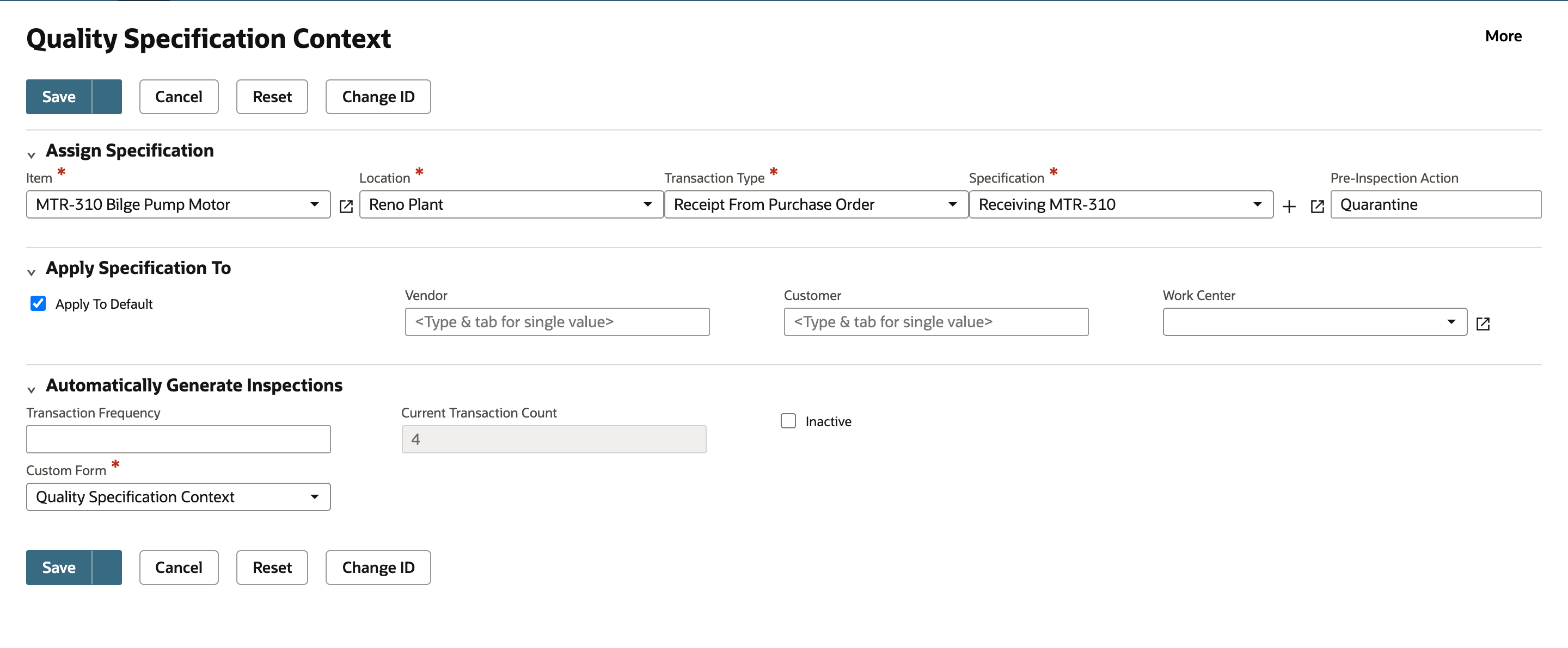Quality Specification Context record with Item MTR-310, Location Reno Plant, Transaction Type Receipt From Purchase Order, Specification Receiving MTR-310 and Pre-Inspection Action Quarantine.