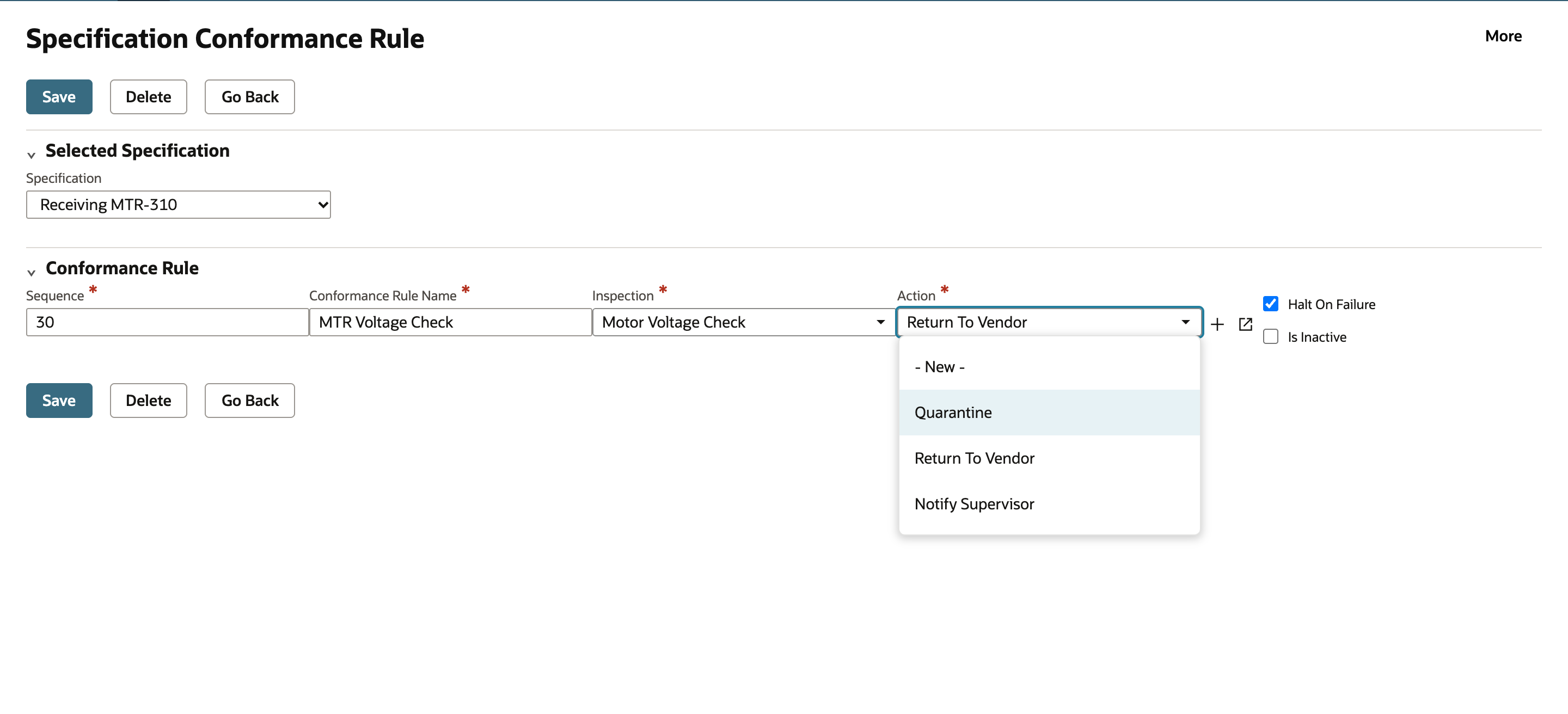 The Action list open with - New -, Quarantine, Return To Vendor and Notify Supervisor.