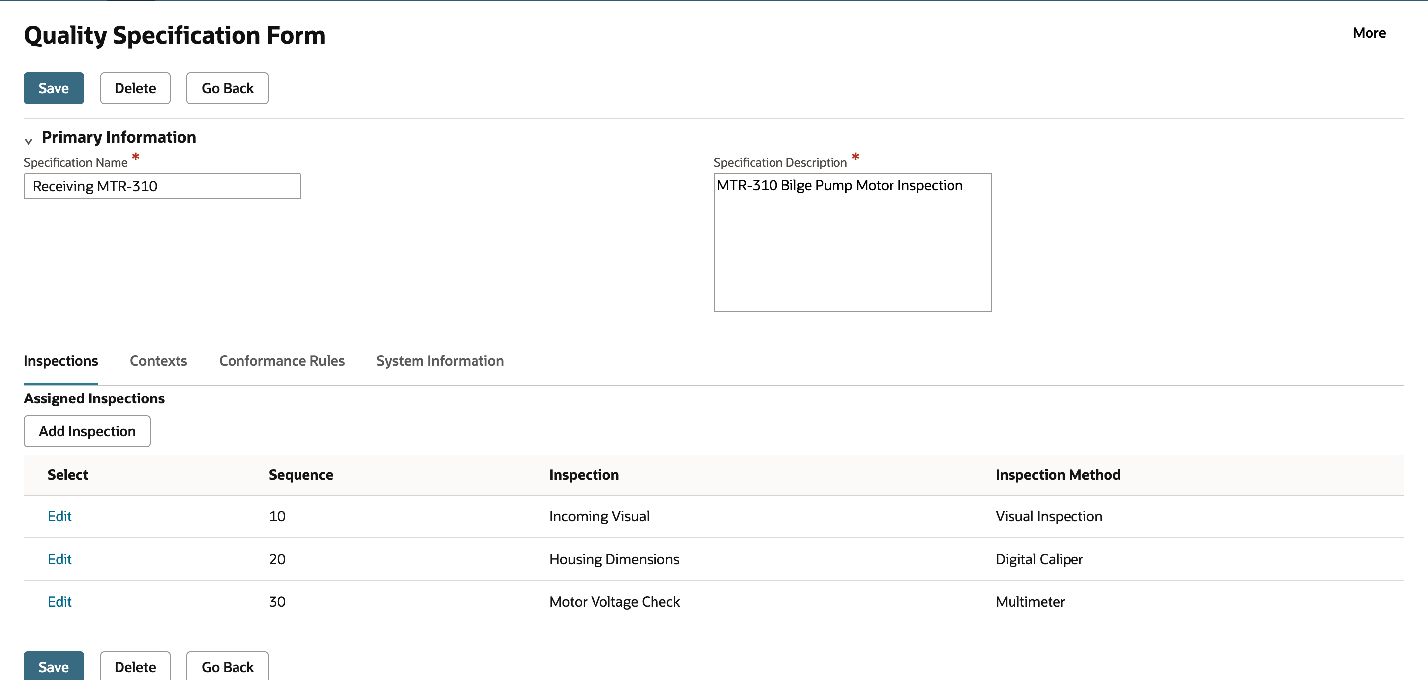 Receiving MTR-310 on the Inspections tab with Incoming Visual, Housing Dimensions and Motor Voltage Check in sequence 10, 20 and 30.