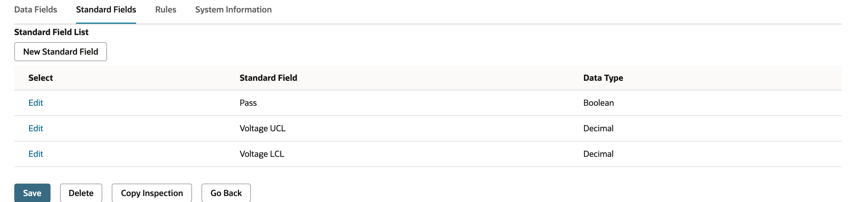 Standard Fields tab with Pass Boolean, Voltage UCL Decimal and Voltage LCL Decimal.