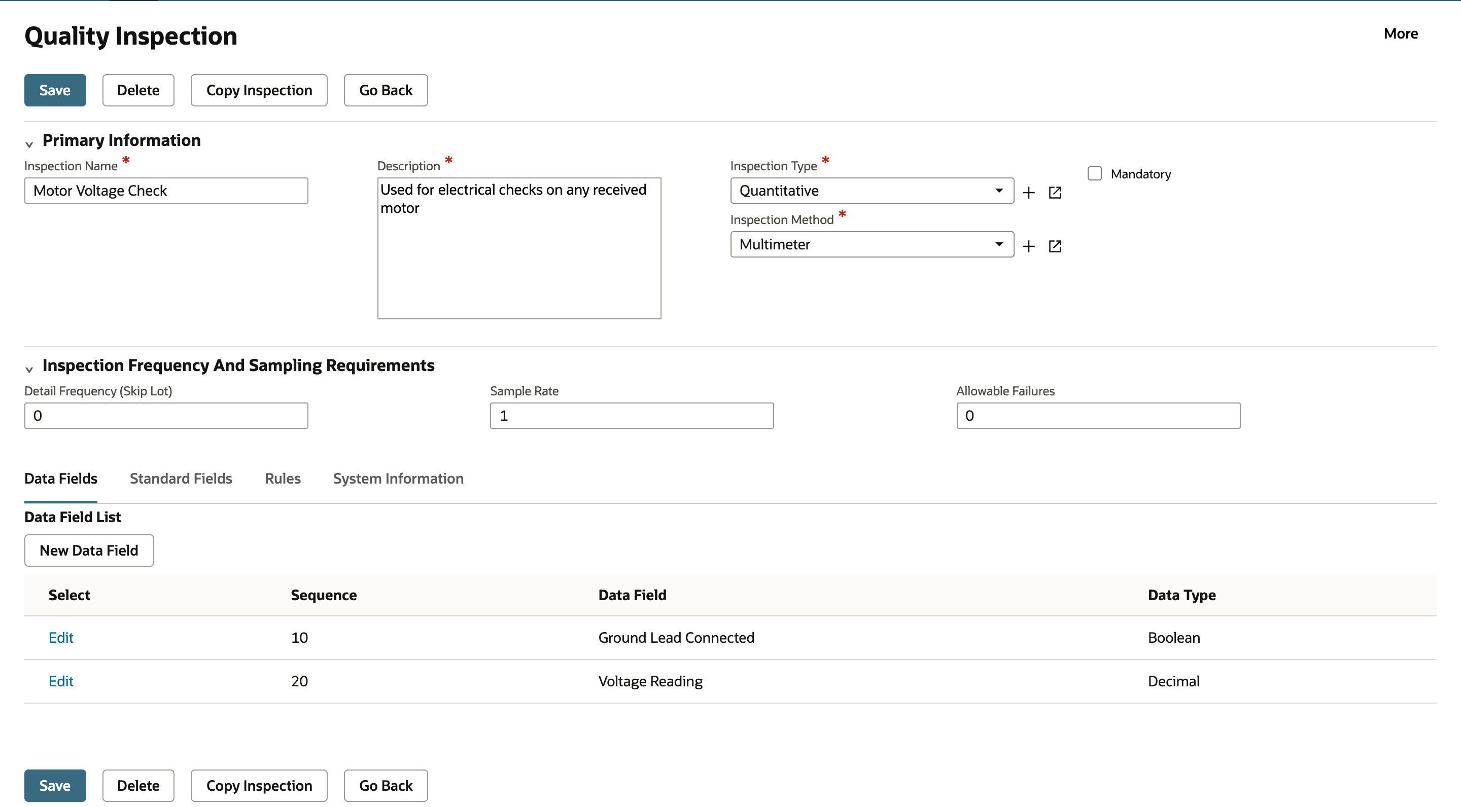 Quality Inspection form for Motor Voltage Check on the Data Fields tab listing Ground Lead Connected as Boolean and Voltage Reading as Decimal.