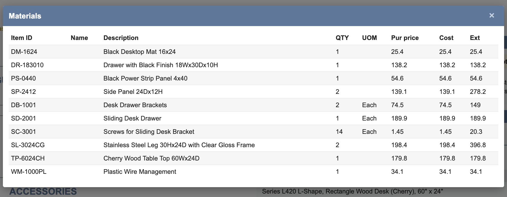 The Materials dialog listing ten lines, with TP-6024CH Cherry Wood Table Top and a new line WM-1000PL Plastic Wire Management.